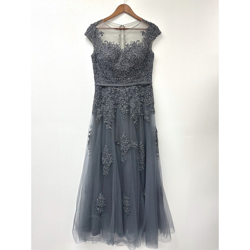 Madeline Gardner New York A-Line Illusion Neck Lace Tulle Sequin Gray 8